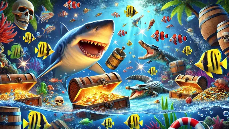 Layar permainan tembak ikan dengan target bergerak dan meriam di CADAS138
